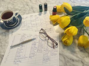 Food Journals, tea, essential oils, yellow tulips, my glasses and a pen